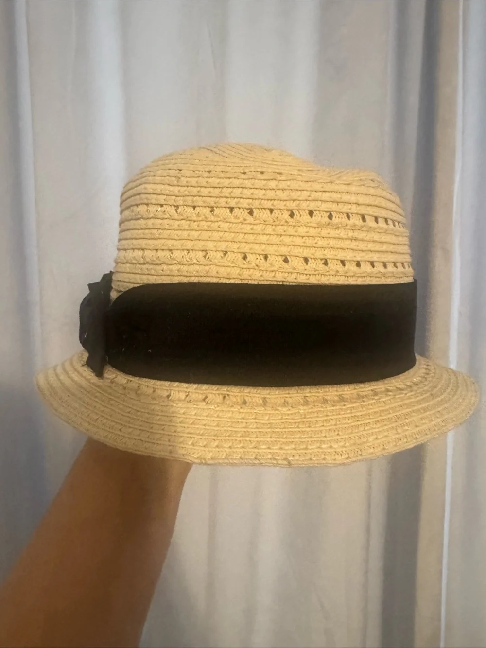 August Hats Beige Straw Cloche with Black Bow